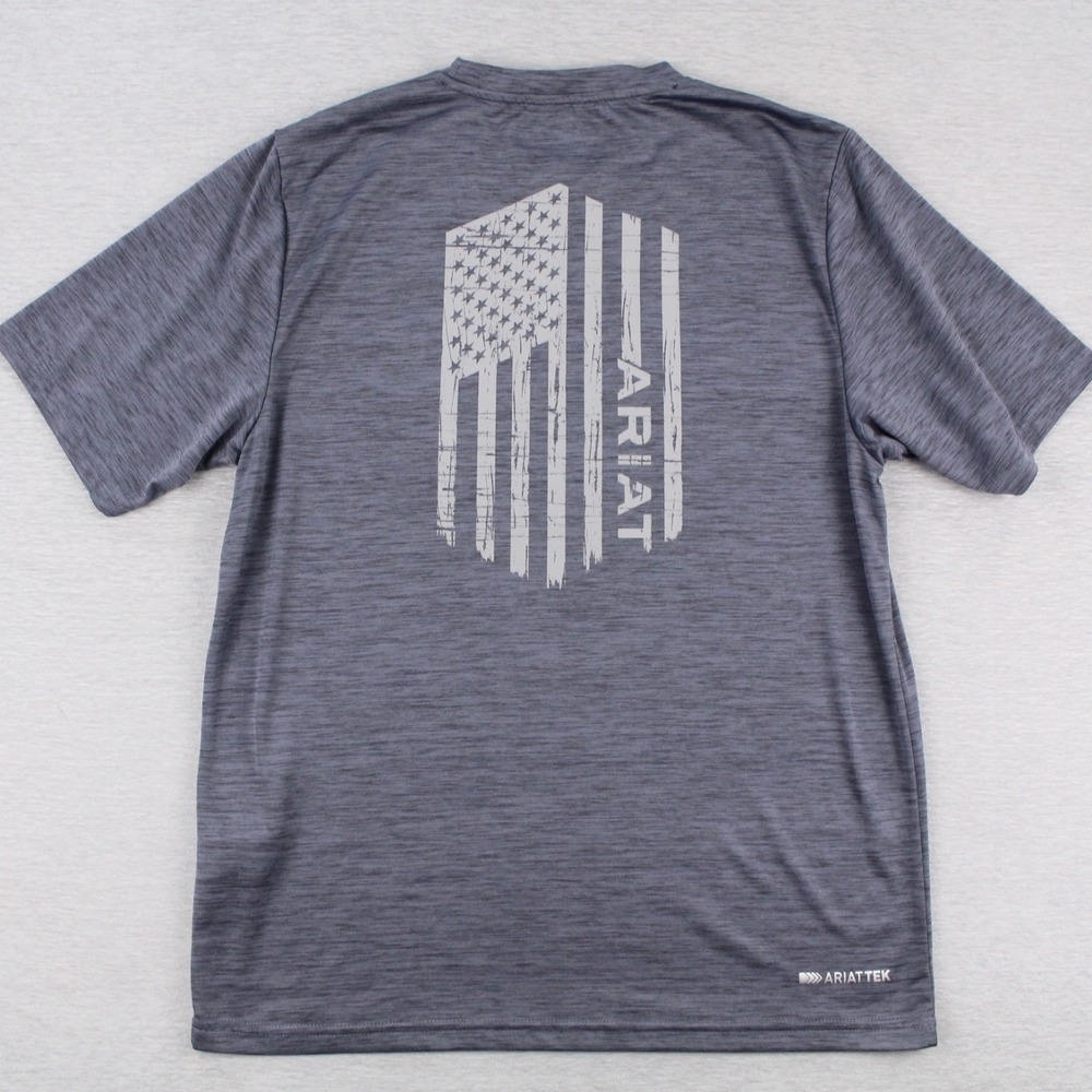 Ariat Tek T-Shirt Mens Size S Graystone Charger Short Sleeve Polyester Flag - Picture 2 of 9